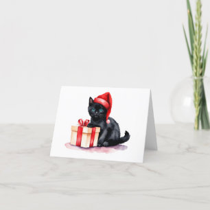 Cute Black Santa Kitten with Gift BLANK  Holiday Card