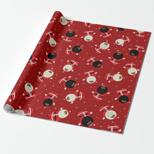 Cute Black Santa Party Pattern on Red Background Wrapping Paper (Unrolled)