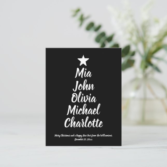 Cute black script family names Christmas tree card (Standing Front)