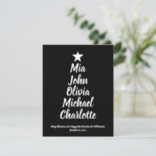 Cute black script family names Christmas tree card