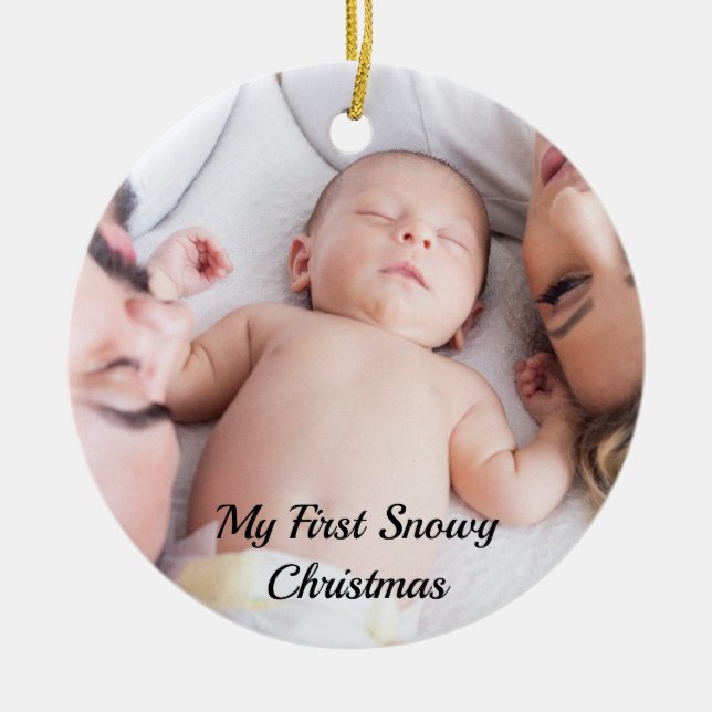 Cute Black Script My First Snowy Christmas Baby Ceramic Tree Decoration (Front)