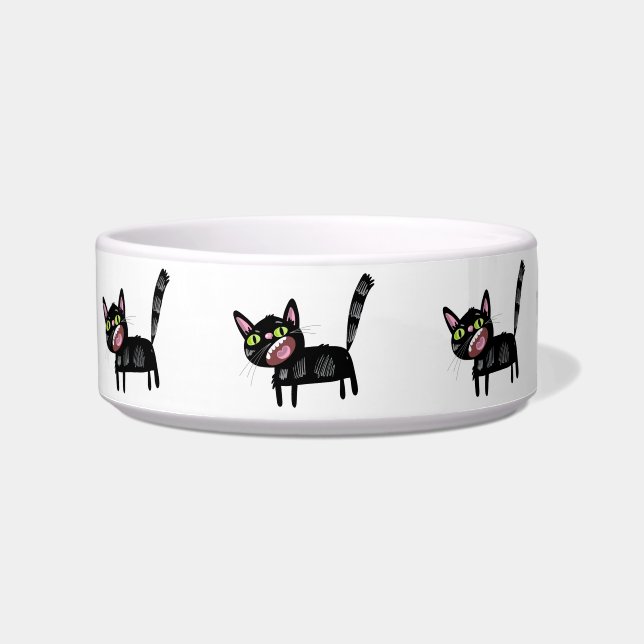 Cute Black Scruffy Cartoon Kitten Cat Bowl (Front)