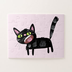 Cute Black Scruffy Cartoon Kitten Cat Jigsaw Puzzle
