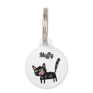 Cute Black Scruffy Cartoon Kitten Cat Pet Tag