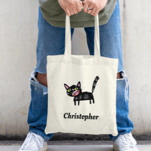 Cute Black Scruffy Cartoon Kitten Cat Tote Bag