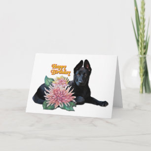 Cute Black Shepherd Pup Mum Flowers Happy Birthday Card