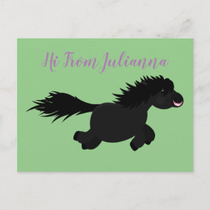 Cute black shetland pony cartoon illustration postcard