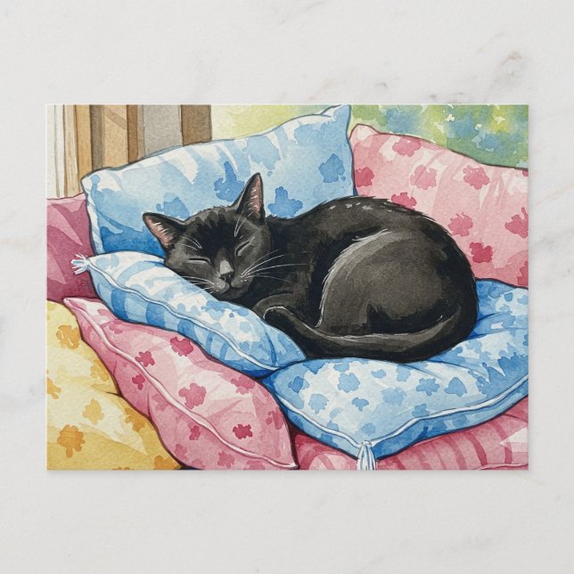 Cute Black Sleeping Cat Pillows Postcard (Front)