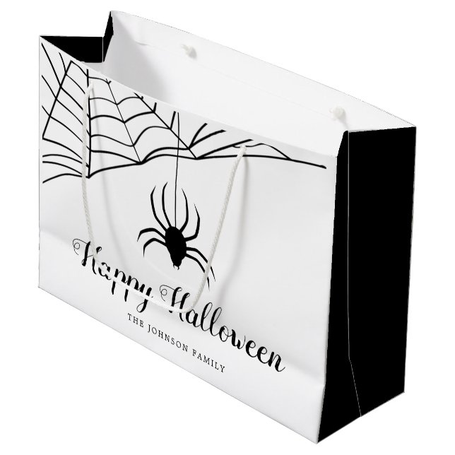 Cute Black Spider Happy Halloween Large Gift Bag (Front Angled)
