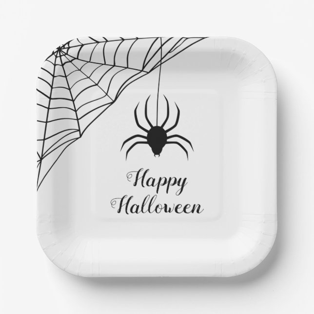 Cute Black Spider Happy Halloween Paper Plate (Front)
