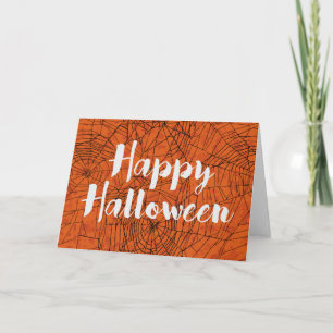 Cute Black Spiderwebs Orange Happy Halloween Card