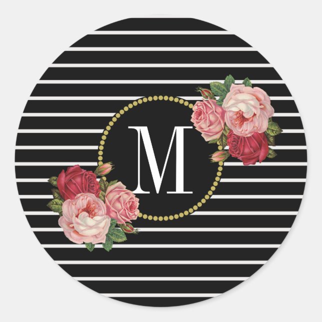 Cute Black Striped Modern Floral Gold Monogram Classic Round Sticker (Front)