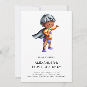 Cute Black Superhero 1st Birthday Party Invitation