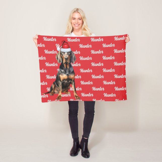 Cute Black Tan Coonhound Dog Christmas Holiday Fleece Blanket (In Situ)