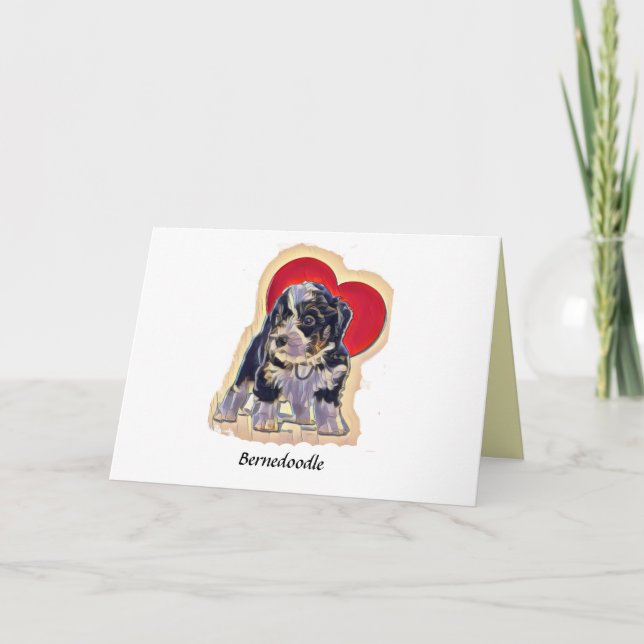 Cute Black Tan PopArt Bernedoodle Digital Heart Card (Front)