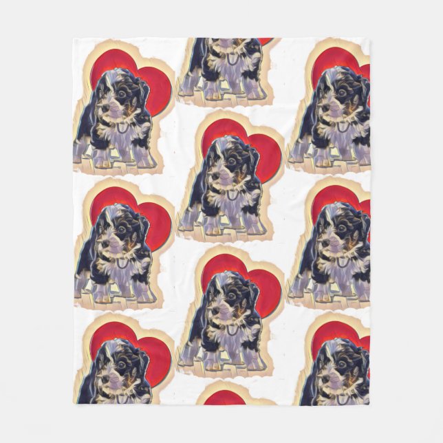 Cute Black Tan PopArt Bernedoodle Digital Heart Fleece Blanket (Front)