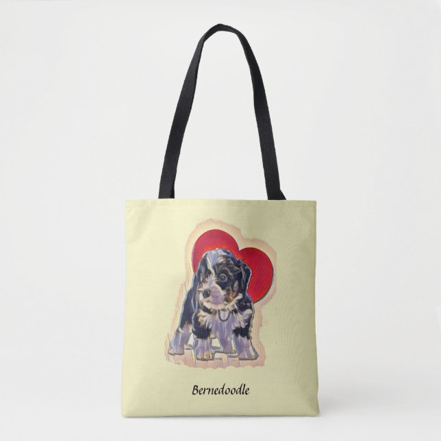 Cute Black Tan PopArt Bernedoodle Digital Heart Tote Bag (Front)
