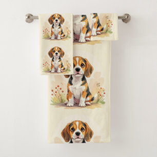 Cute Black Tan & White Tricolor Beagle Puppy Bath Towel Set