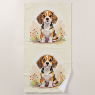 Cute Black Tan & White Tricolor Beagle Puppy Beach Towel