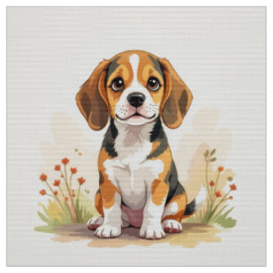 Cute Black Tan & White Tricolor Beagle Puppy Fabric