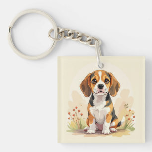 Cute Black Tan & White Tricolor Beagle Puppy Key Ring