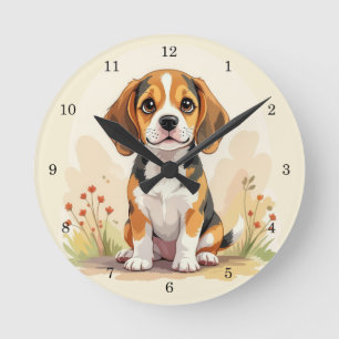 Cute Black Tan & White Tricolor Beagle Puppy Round Clock