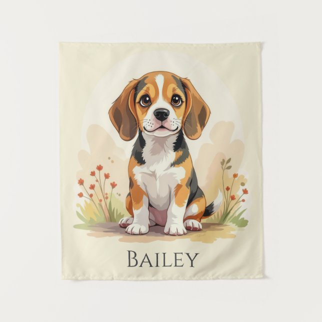 Cute Black Tan & White Tricolor Beagle Puppy Tapestry (Front)
