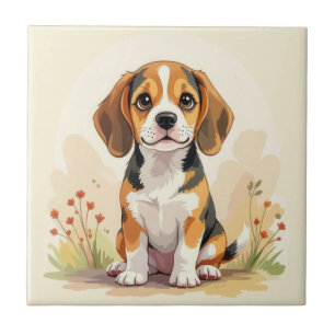 Cute Black Tan & White Tricolor Beagle Puppy Tile
