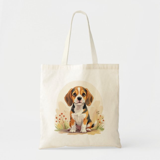 Cute Black Tan & White Tricolor Beagle Puppy Tote Bag (Front)