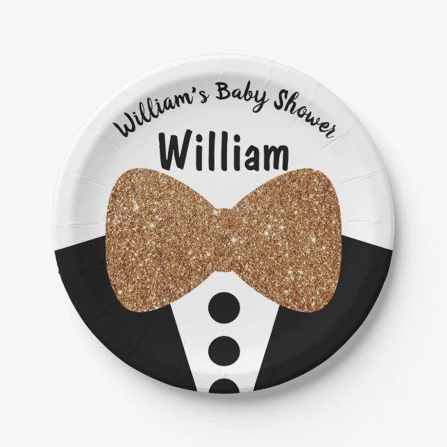 Cute Black Tuxedo Gold Glitter Bow Tie Baby Shower Paper Plate (Front)