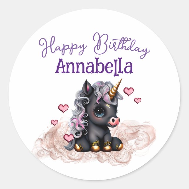 Cute Black Unicorn Baby and Hearts Classic Round Sticker (Front)