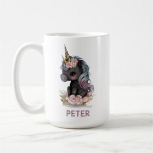 Cute Black Unicorn with Flowers Watercolor Unicorn Coffee Mug