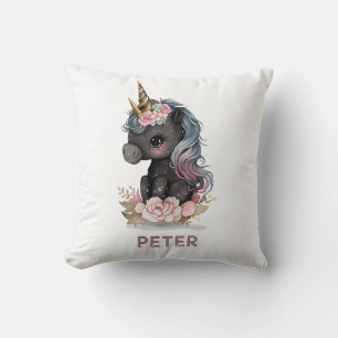 Cute Black Unicorn with Flowers Watercolor Unicorn Cushion