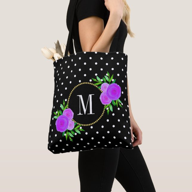 Cute Black Watercolor Purple Flowers Dots Monogram Tote Bag (Close Up)