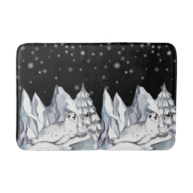 Cute Black Watercolor Winter Wonderland Snowflakes Bath Mat (Front)