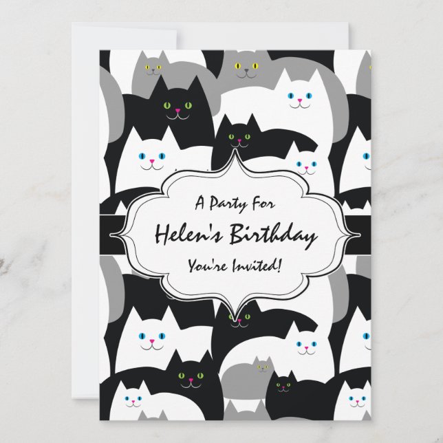 Cute Black White and Grey Cats Birthday Party Invitation (Front)