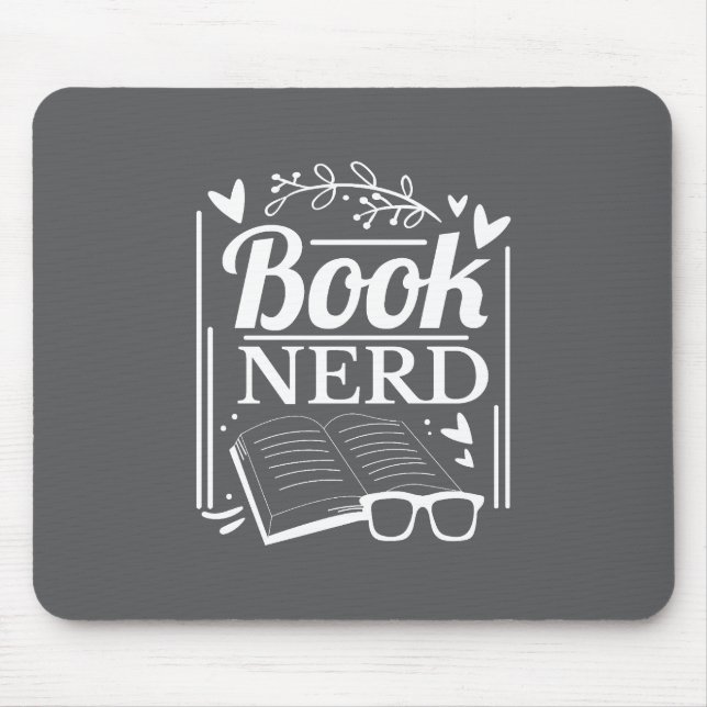 Cute Black White Book Nerd Bookworm Mouse Mat (Front)