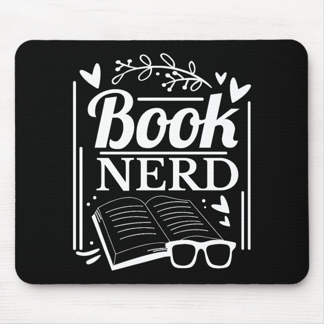 Cute Black White Book Nerd Bookworm Mouse Mat (Front)