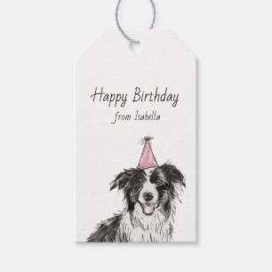 Cute Black White Border Collie Dog Party Hat Gift Tags
