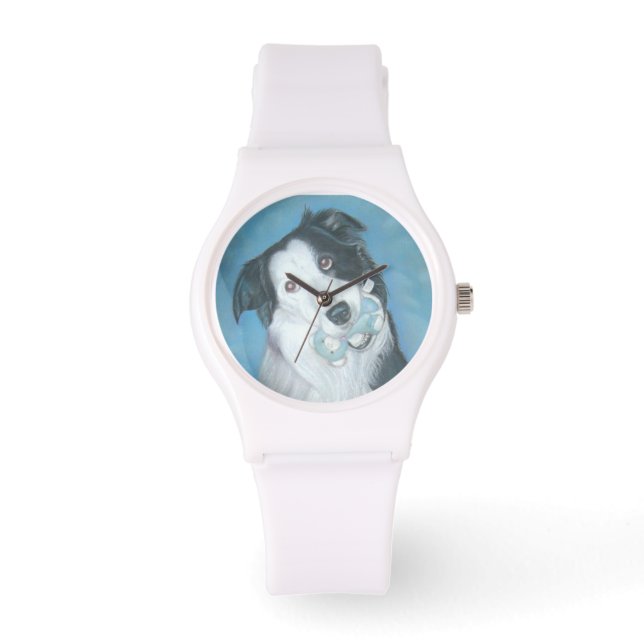 cute black & white border collie with teddy watch (Front)
