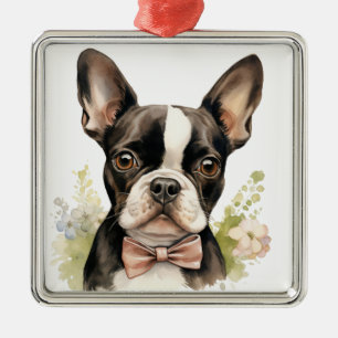 CUTE BLACK & WHITE BOSTON TERRIER DOG METAL TREE DECORATION