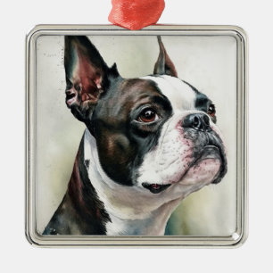 CUTE BLACK & WHITE BOSTON TERRIER DOG METAL TREE DECORATION