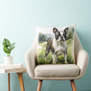 CUTE BLACK & WHITE BOSTON TERRIER PUPPY DOG CUSHION