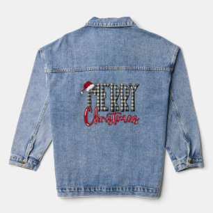 Cute Black & White Buffalo Plaid Merry Christmas Denim Jacket