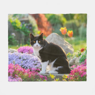 Cute Black White Cat in a Colourful Flowery Garden Fleece Blanket