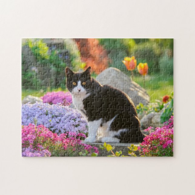 Cute Black White Cat in a Colourful Flowery Garden Jigsaw Puzzle (Horizontal)