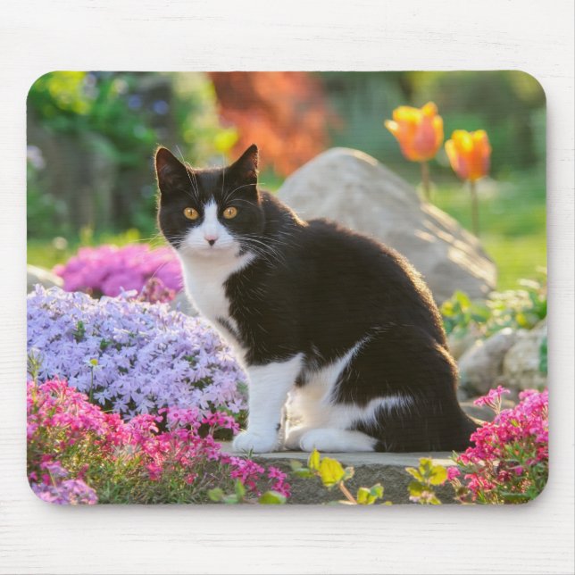 Cute Black White Cat in a Colourful Flowery Garden Mouse Mat (Front)