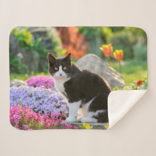 Cute Black White Cat in a Colourful Flowery Garden Sherpa Blanket