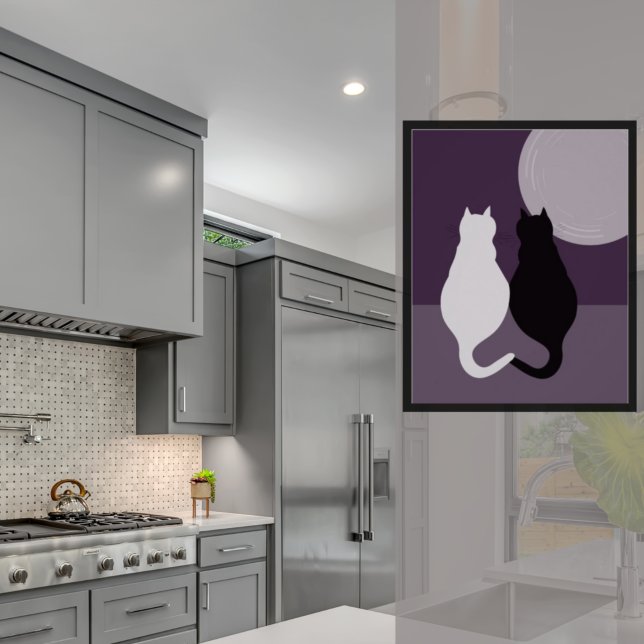 Cute Black & White Cat Pair Purple-Blue Night Poster (Cute Black & White Cat Pair Purple-Blue Night Poster)