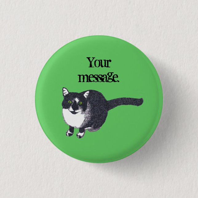 Cute Black White Cat Pointillism Your Text Button (Front)